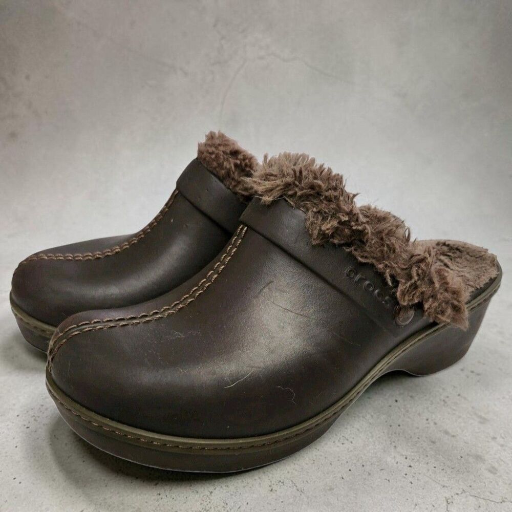 Crocs Cobbler Eva Clogs Mules Womens 7 Faux Fur Lined Brown Cottagecore Utility